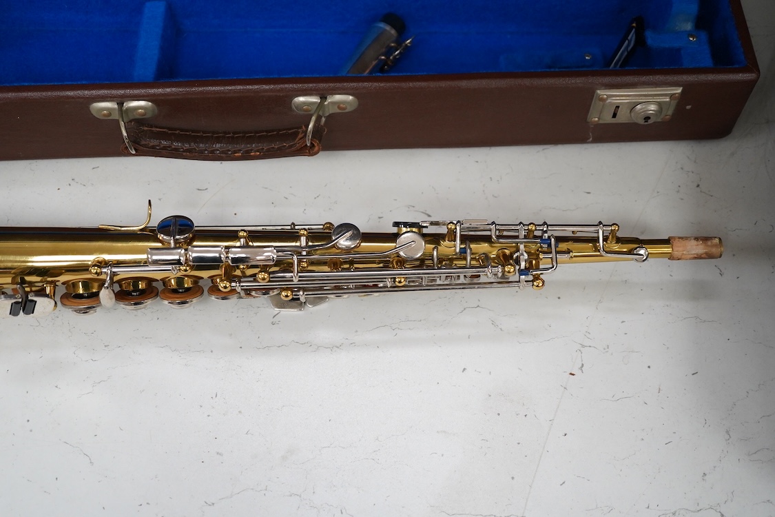 A cased Sonora soprano saxophone in a Rudall Carte branded case